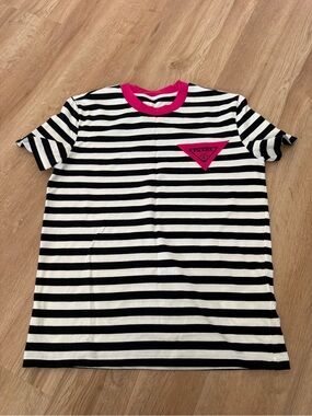 Prada Black & White Striped Tee with Pink Trim and Logo Patch